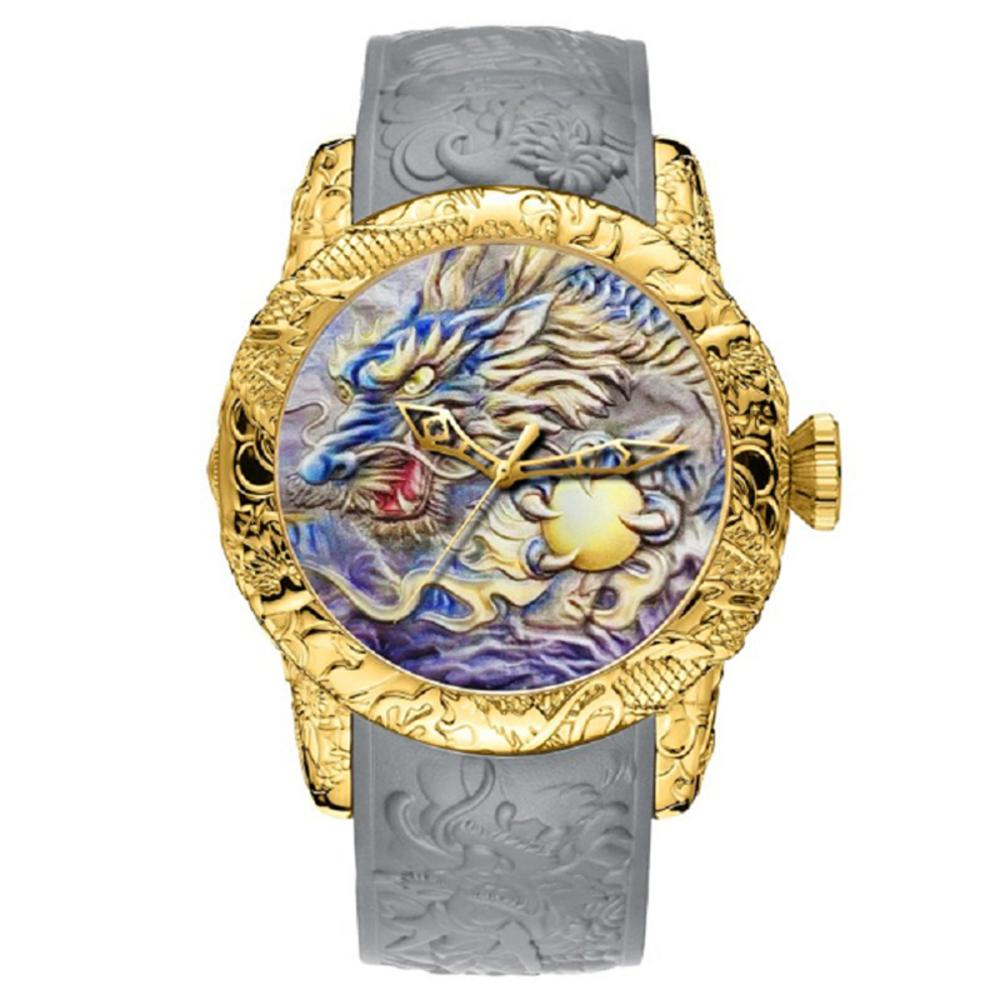 Reloj de cuarzo con escultura de dragón 3D para hombre, cronógrafo de oro negro, resistente al agua, esfera grande, , de pulsera, grabado en 3D: Unique 3D Watch
