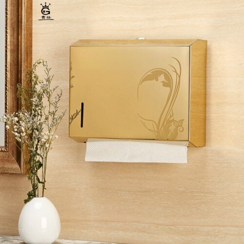 Caja metálica de pañuelos de papel, dispensador de toallas de papel, oro, baño público, pared doble de acero inoxidable, montada en la pared, sin perforación, FH020: Style 8