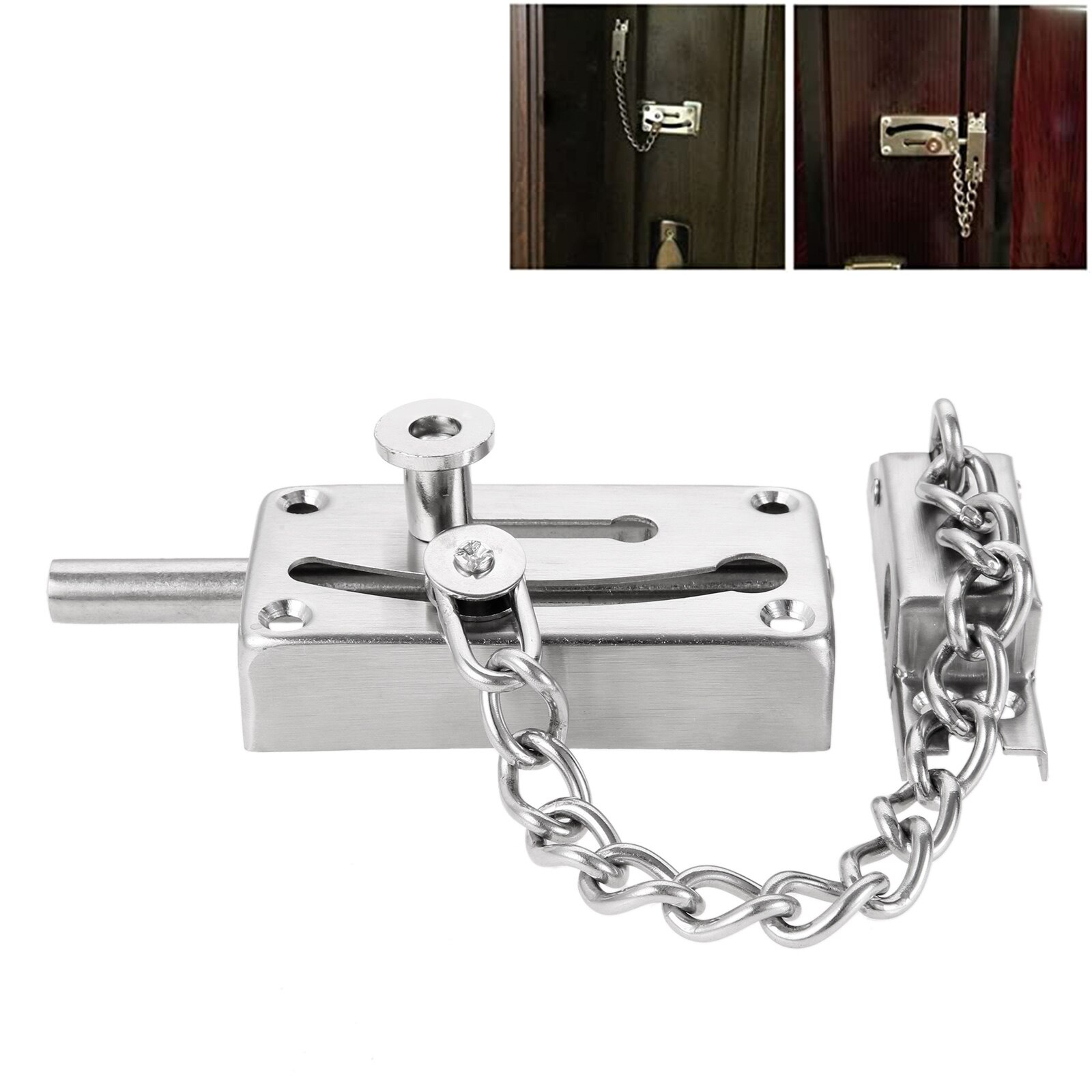 1set Door Bolt Sturdy Safe Guard Lock + Anti-Theft Chain Stainless Steel Gate Security Latch Catcher w/screw Mounting Home Hotel