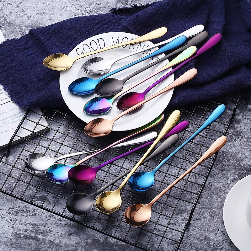 Colorful stainless steel dinner spoons, metal laddle long handle soup spoon, cooking, kitchen table spoon, soup scoop, dinner