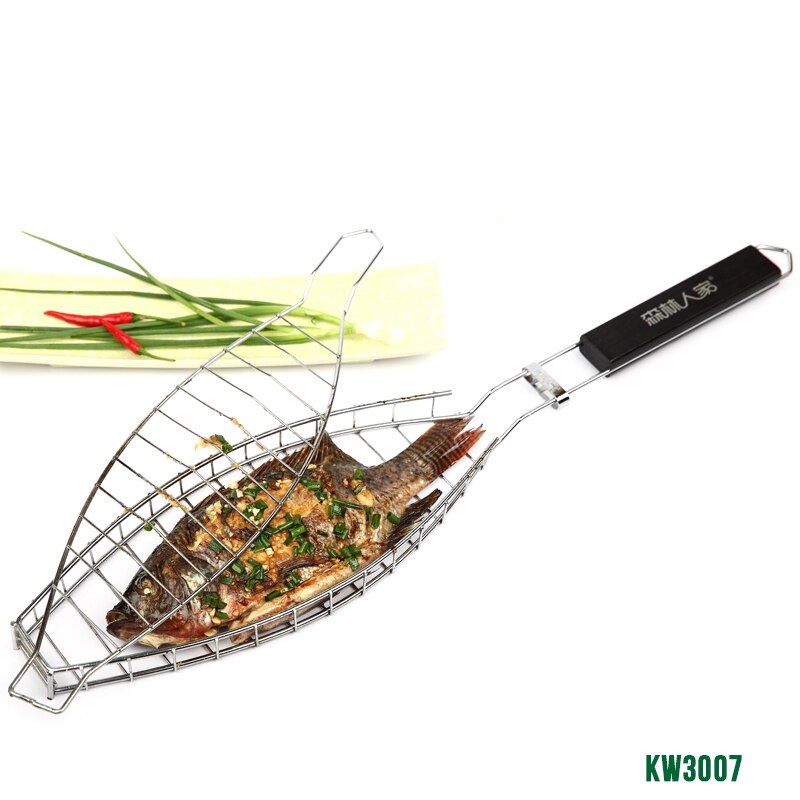 1 stks Duurzaam Een Vis Grillen Mand w/Zwart houten Handvat Vis Grill Rek BBQ Grill Mand voor Enkele Vis KW3007