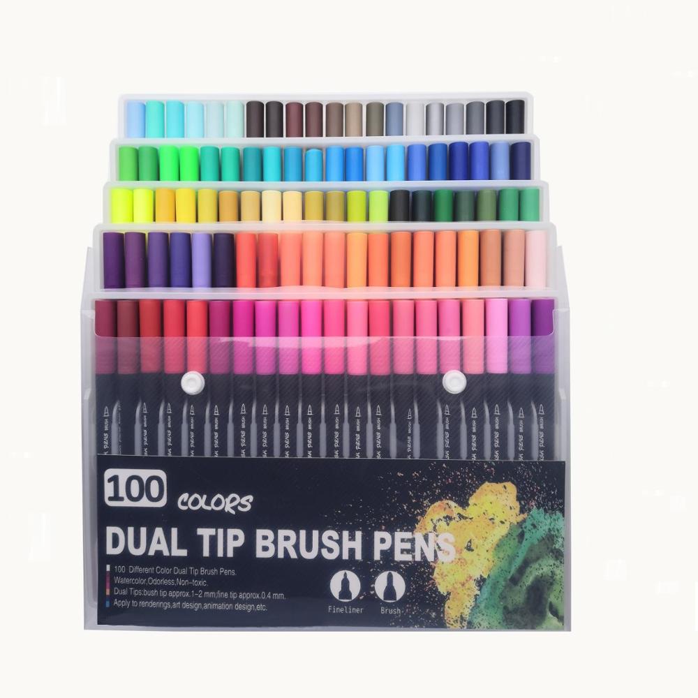 100 farver dobbelt tip kunst børste markør penne akvarel fineliner maleri tegning papirvarer effekt god til farvning af manga tegneserie: 100 farver