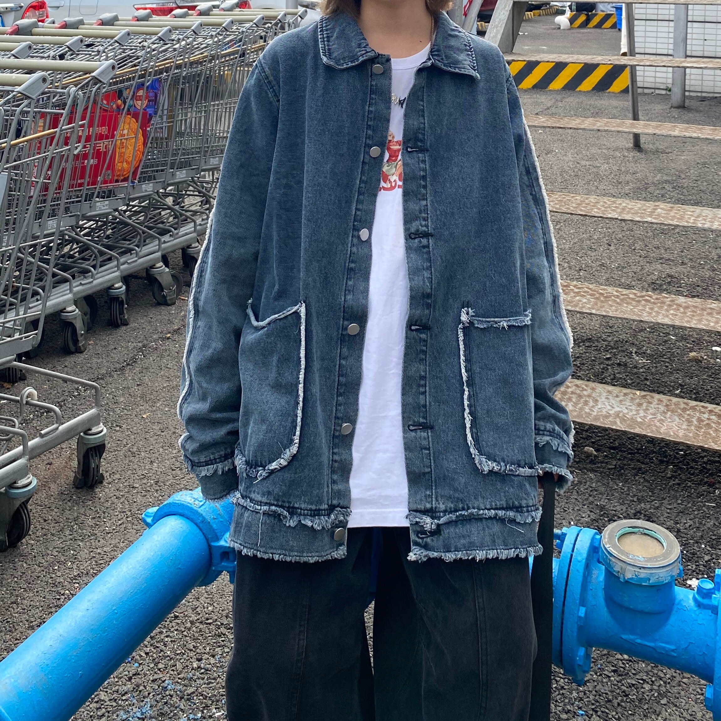 Streetwear Ripped Hip Hop Losse Denim Outfit Herfst Herfst Vrouw Man Jeans Windjack Chaqueta Pocket Button Shirt Blouse: L