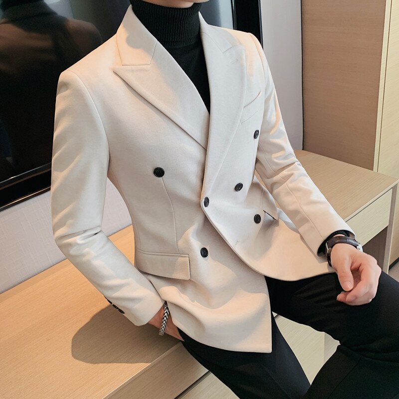 British Style Woolen Blazers Men Double Breasted Wedding Business Casual Suit Jacket Social Banquet Tuxedo Coat Costume Homme
