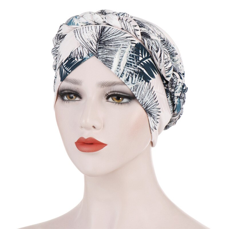 Bohemia Printed leopard cotton turban cap braid muslim head turbans for women pearls headscarf bonnet islamic inner hijabs caps: 5