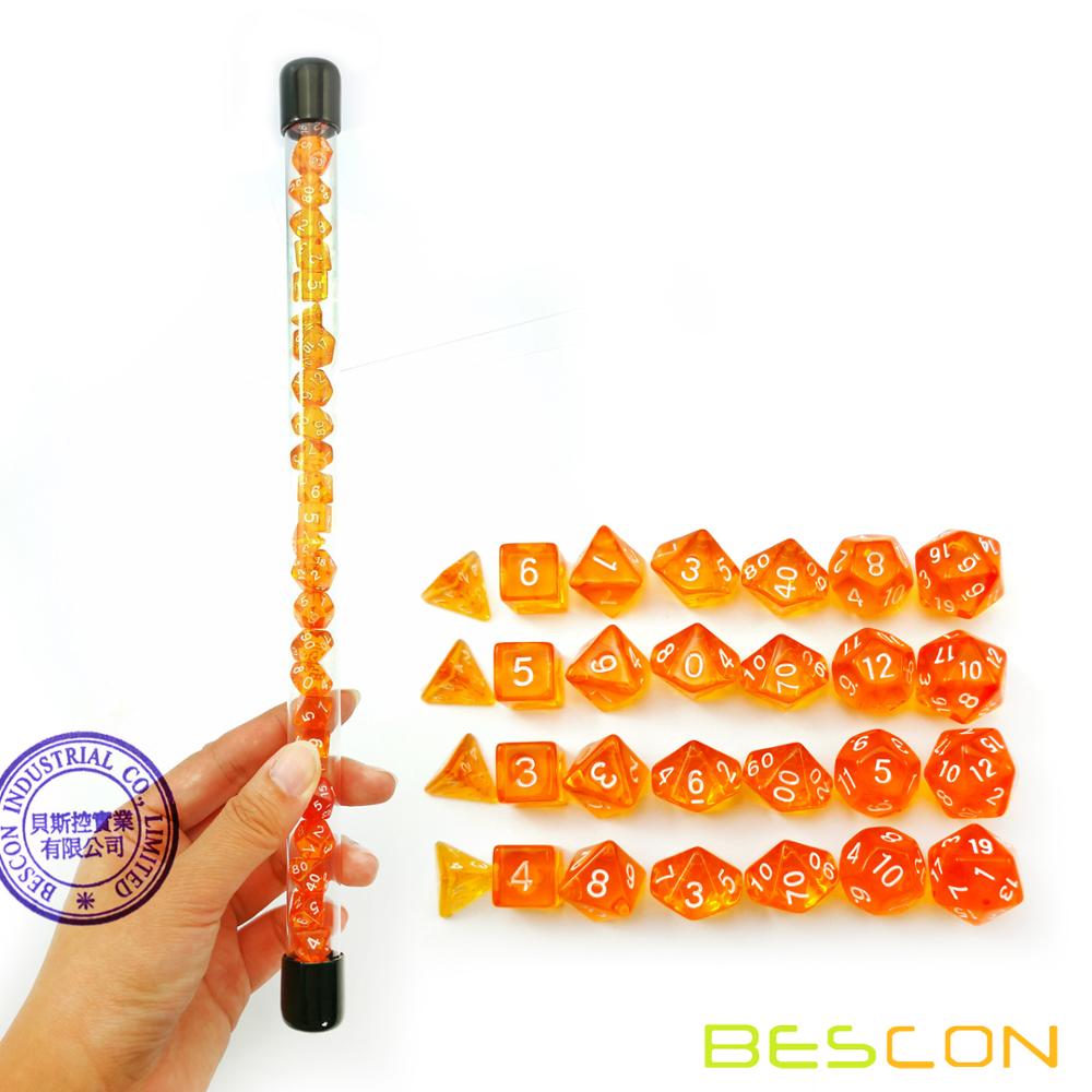 Bescon 28 Pcs Doorschijnend Oranje Mini Polyhedrale Dobbelstenen Set In Buis, Mini Rpg Dobbelstenen 4X7pcs, mini Gem Dobbelstenen Buis Set