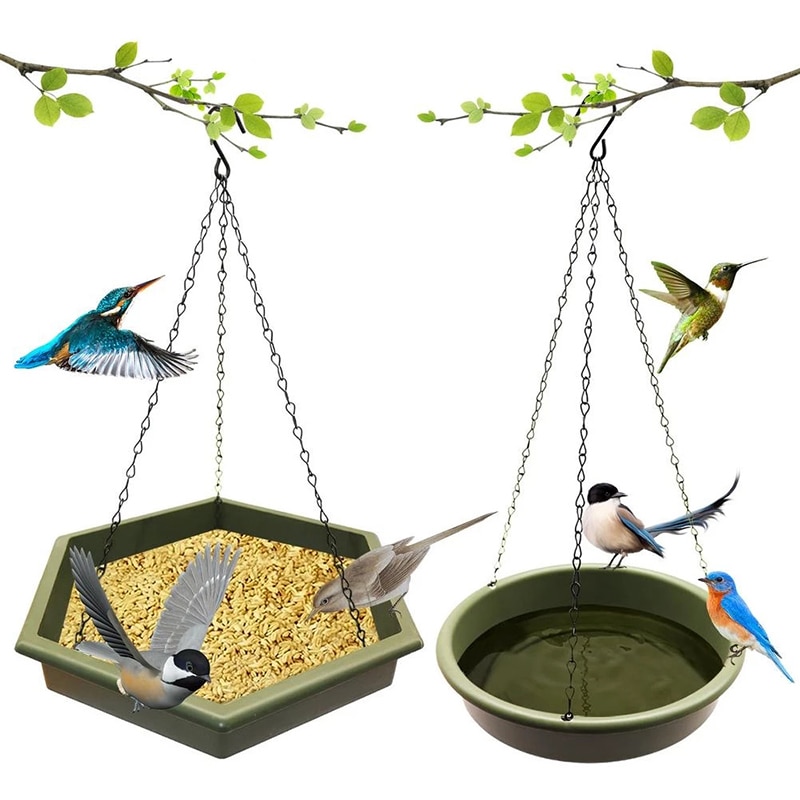 2 In 1 Hanging Bird Feeder Food Tray And Bath Tray Bird Baths For Outdoors Yard Garden Decor Bird Feeder