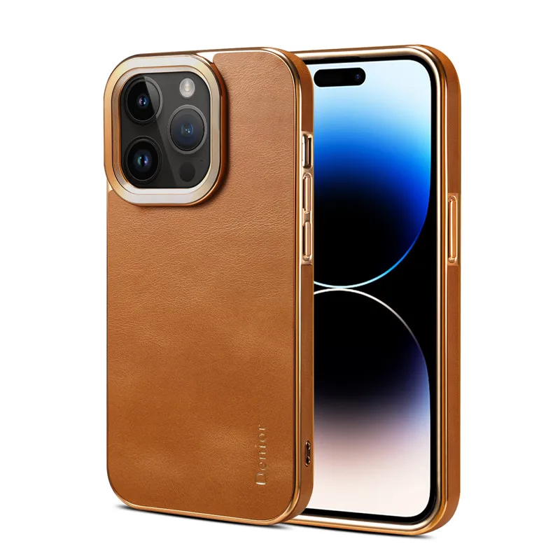 Eucagr Luxus Echt ledertasche für iPhone 15 Pro Max stoß feste Silikon Handy hülle für iPhone 15 14 13 12 Pro Max Plus: Microfiber / Kakifarbig