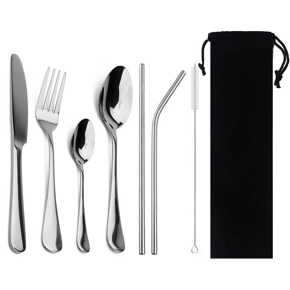 8 unids/set portátil vajilla de acero inoxidable 304 Set de Cubiertos con bolsa pajitas vajilla bolsa de viaje para Picnic: Silver G