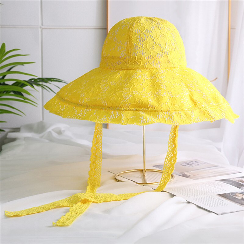 Grand chapeau de soleil à large bord chapeau de dentelle souple été blanc dentelle noire église fête chapeaux de mariage chapeau de plage emballable: yellow