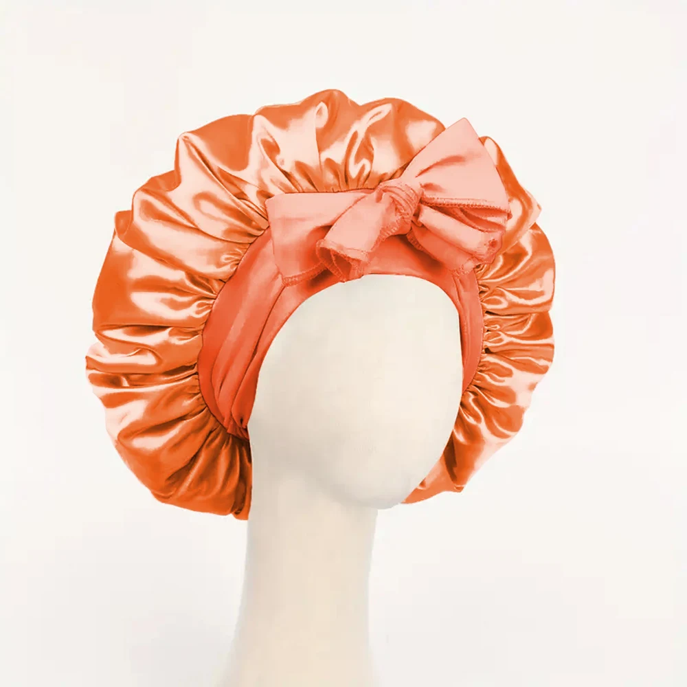 Satin Silk Hair Bonnet | Adjustable Tie Band | Sleep Bonnet for Women Men | Unisex Protective Headwear: Orange