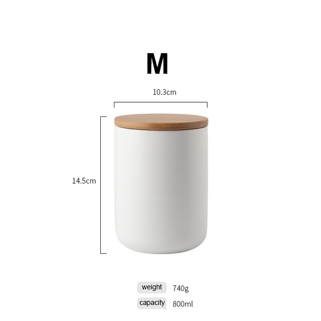 Jarra de cerámica sellada de estilo nórdico para almacenamiento de café, té y cocina, a prueba de polvo, para condimentos sólidos con tapa de Bambú: M-white