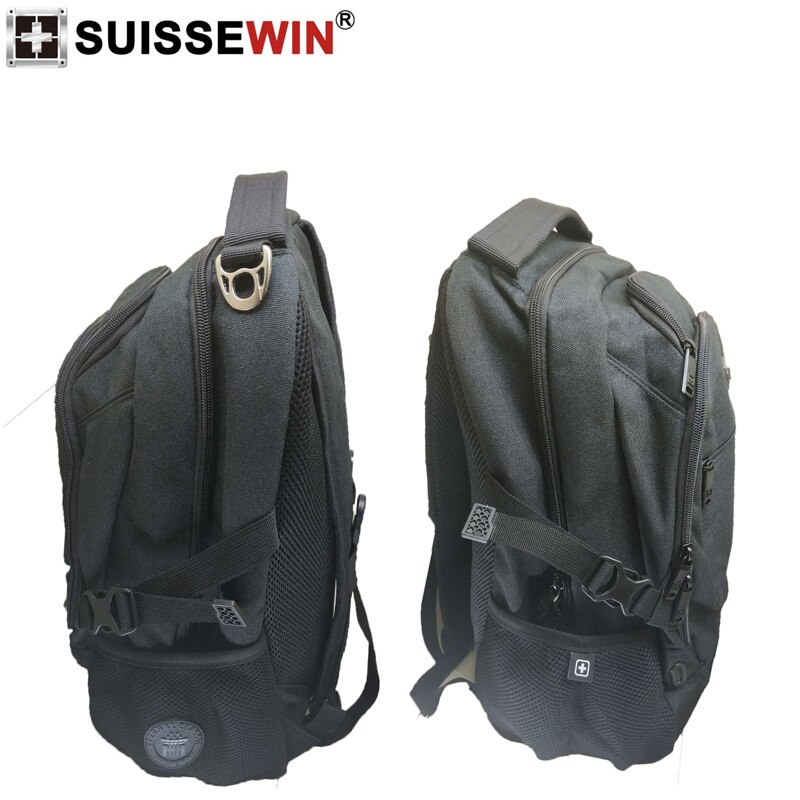 Swiss SUISSEWIN black nylon 17 inch laptop backpack large capacity portable school bag business travel for men