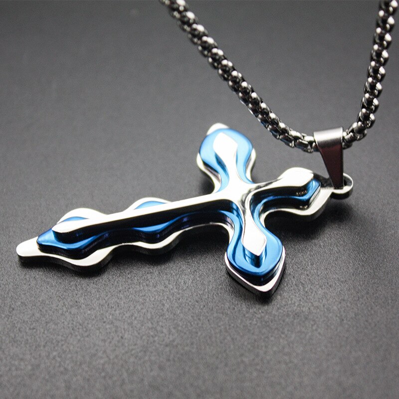 Necklace Men Blue Silver Color Cross Pendant Stainless Steel Chain Necklace Jewelry for Men's Jewelry