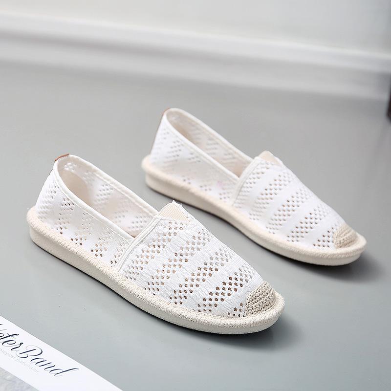 Alpargatas blancas de verano para mujer, malla hueca transpirable, zapatos de señora, zapatos bajos cómodos de pescador, zapatos planos de lona para mujer: Blanco / 40
