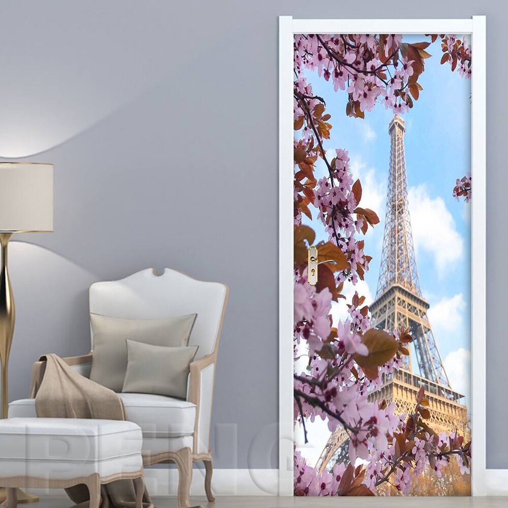 Självhäftande 3d papper 2 st renovering paris torn landskap diy pvc klistermärken dörr vattentät heminredning dekal tryck konst bild: Dörr yxcv 2715-01 / 95 x 215cm