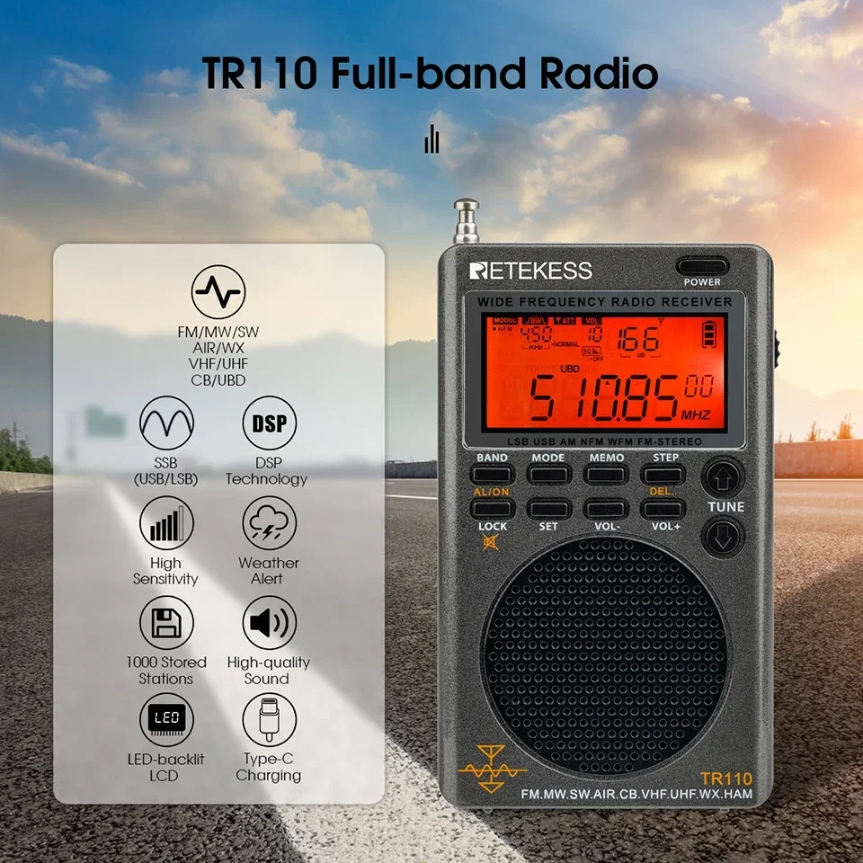 Top! Retekess TR110 Radio FM Receiver Portable Shortwave Radios AM FM All Waves Band CB AIR Band Ham Radio SW MW LSB VHF UHF