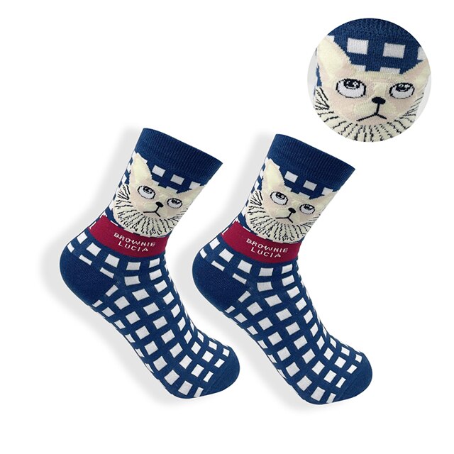 Calcetines largos de algodón con estampado de cocodrilo para hombre y mujer, medias casuales de animales, cebra, rayas, tiburón, 1 par: Blue cat