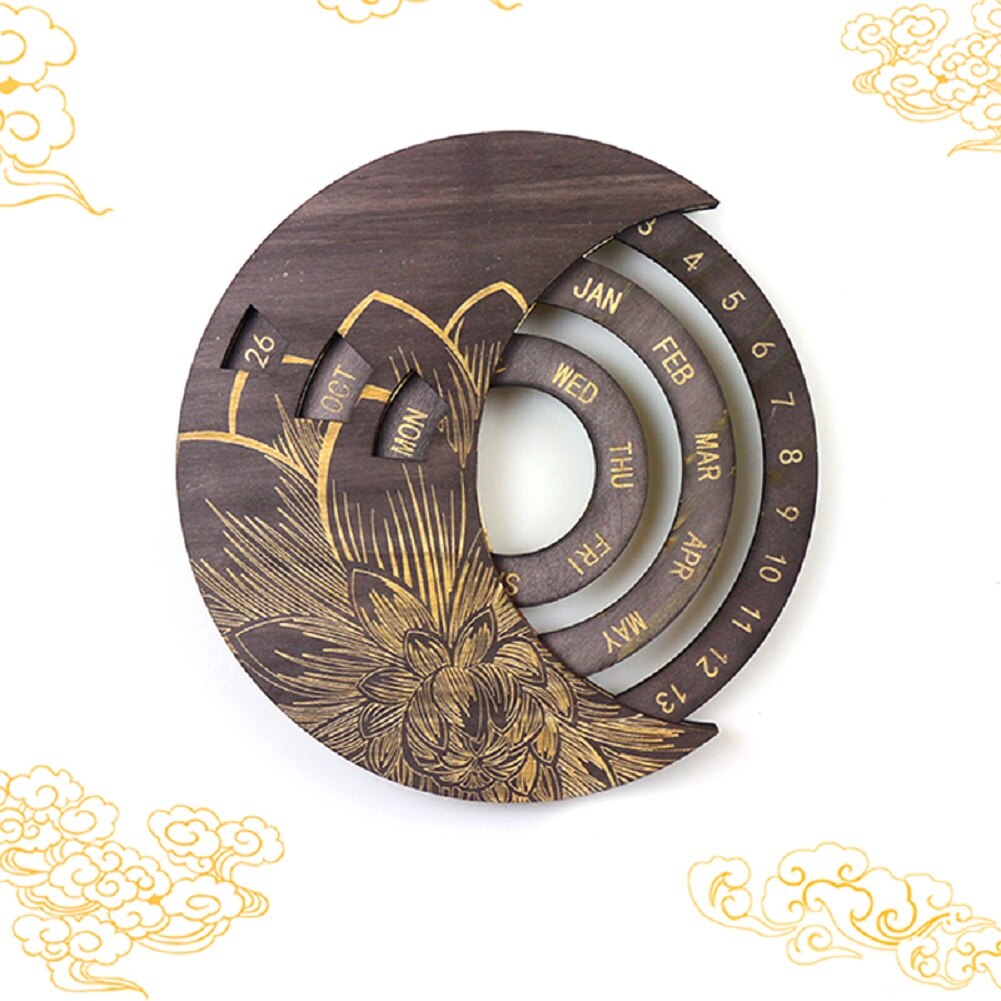 Wooden Calendar, Floral Print Rotatable Permanent Calendar Decorative Ornaments for Living Room Bedroom Arrivals