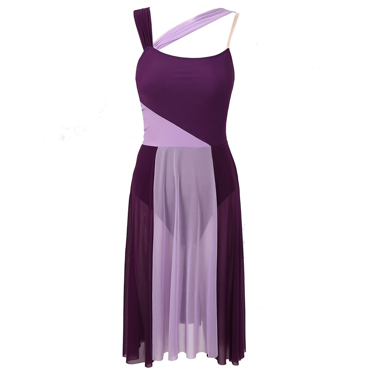 Vrouwen Volwassenen Mouwloze Mesh Schouderbanden Kleur Blok Turnpakje Jurk Voor Lyrical Moderne Hedendaagse Dans Kostuum Prestaties: Violet / L