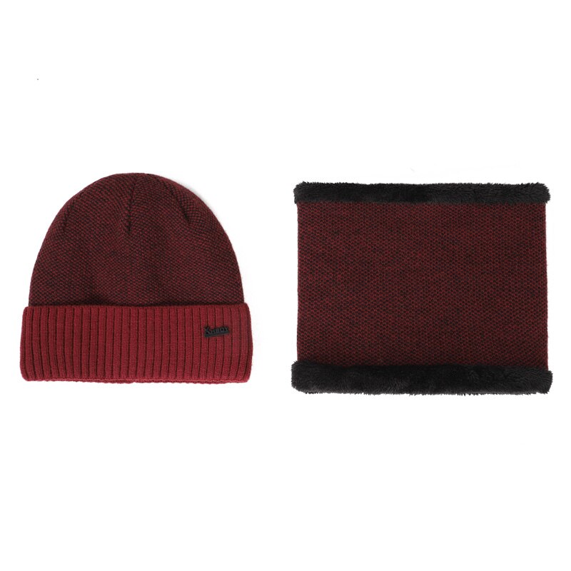 Men Hats Scarf Set Winter Warm 2 Piece Set Male/Female Velvet Skullcap Cotton Beanie Ring Bib XHBOY Outdoor Ski Hedging Cap: Wine
