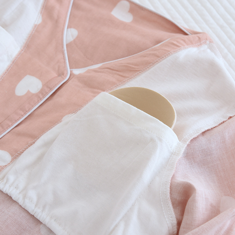 Fdfklak Spring Pajamas Double Gauze Cotton V-Neck Cardigan Lingere Thin With Chest Pad Love Print Sleeping Suits Female