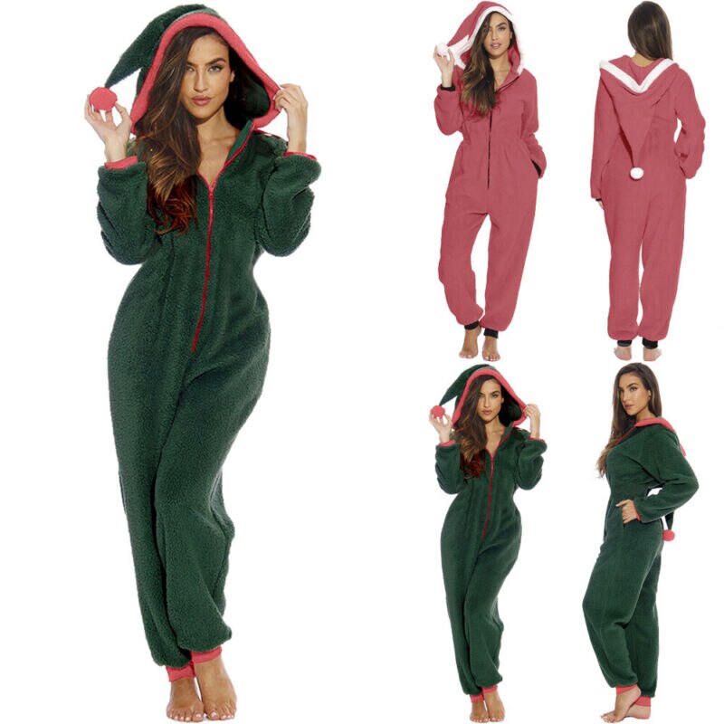 Women Christmas Hooded Jumpsuit Pajamas Fleece Winter Solid Warm Santa Sleepwear Xmas Cute Clothes Nightwear Home Wear Suits