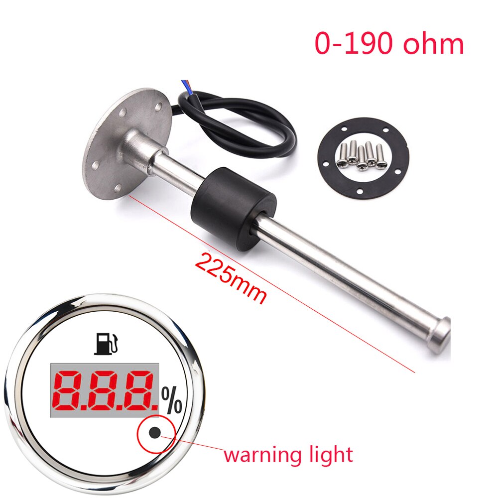 100% Digital 52MM Fuel Level Gauge Warning Light Oil Tank Indicator Marine Fuel Level Sensor 125mm 150mm 200mm 250mm 400mm 500mm: 225MM WS 0-190ohm