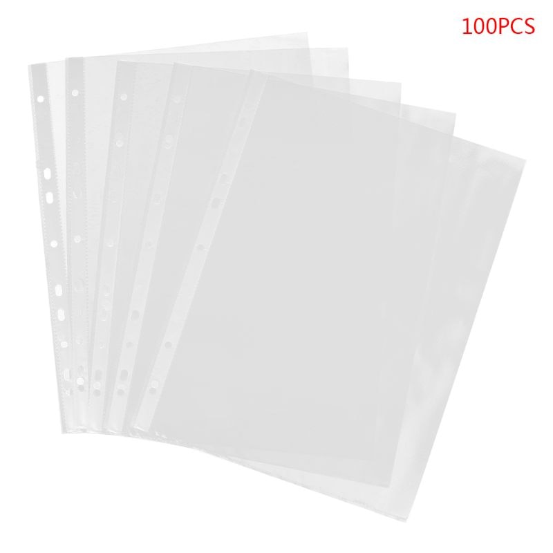 100pcs A4 Transparent Perforated File Storage Document Folder Case Bag Sleeves