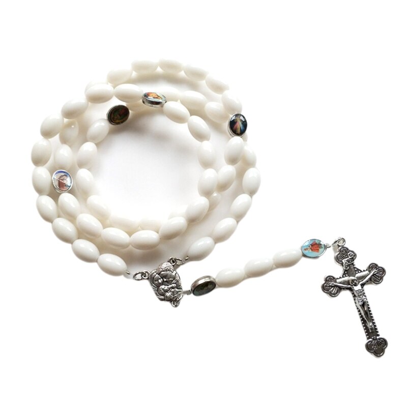 Retro rosenkrans pärlor halsband för kvinnor kors jesus hänge religiösa kristna smycken berlock: Vit