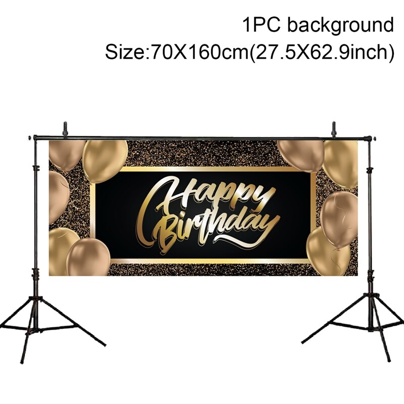 Black Gold Happy Birthday Backdrop Birthday Party Decoration Birthday Background Banner Gold Glitter Hanging Flag Anniversary: 4