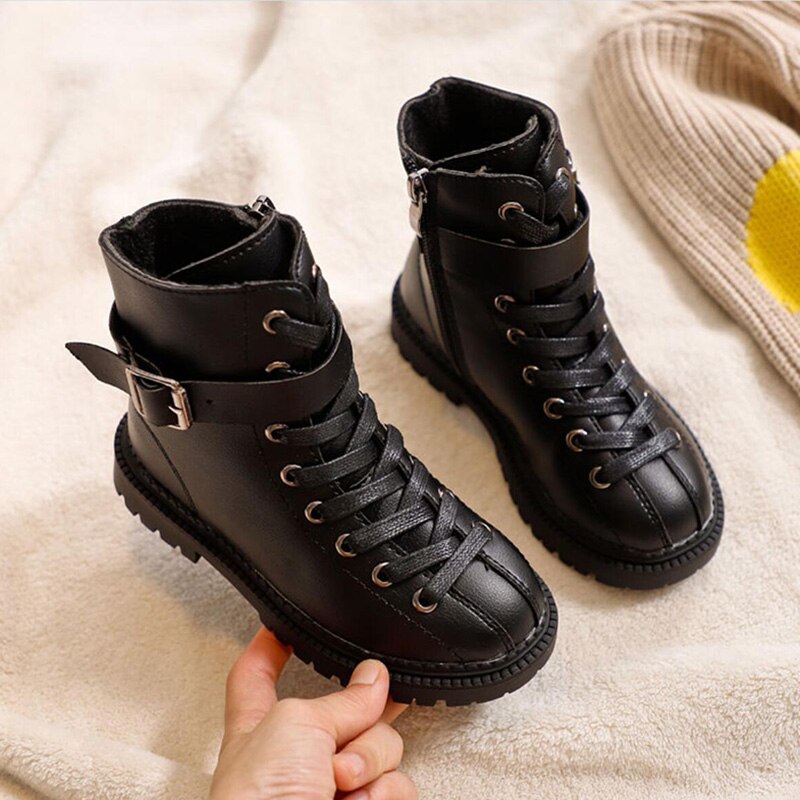 Kids Meisjes Winter Gesp Wit Martin Laarzen Voor Meisjes Jongens School Pu Lederen Engeland Enkellaarsjes 5 6 8 10 11 12 Jaar Pluche: black / 36