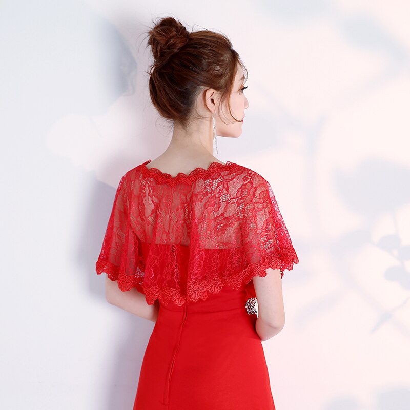 Women Dress Long Party Prom Wrap Scoop Neck Lace Appliqued Wedding Party: Red