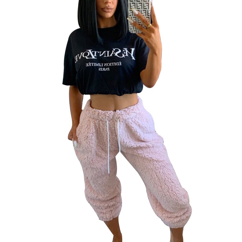 Pantalon pyjama à la cheville pour femmes, poches chaudes, couleur unie, cordon de serrage, taille naturelle, polaire