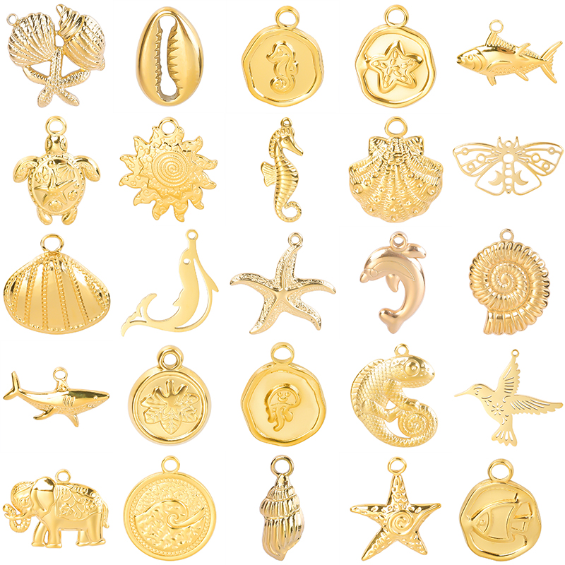 Colgante de acero inoxidable para la fabricación de joyas, dijes de animales marinos, concha, estrella de mar, Tortuga, tiburón, mariposa, Color dorado, 5 unidades por lote