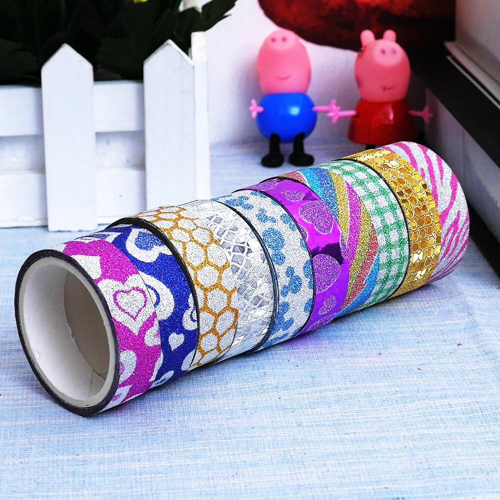 10 Stks/set Diy Zelfklevende Glitter Washi Masking Tape Sticker Craft Decor 15Mm X 3M
