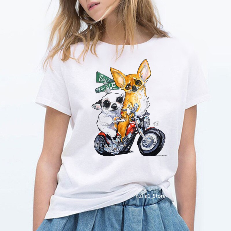Chihuahua Rijden Op Een Motorfiets Bedrukt Grappige T-Shirts Vrouwen Wit Vintage T-Shirt Femme Esthetische Kleding Hondenliefhebber Zomer Top: S / Beige