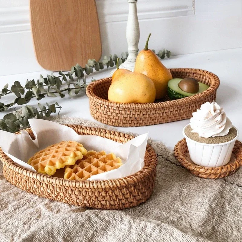 Handgeweven ronde rotan rieten mand Fruit Thee Snack Brood Picknickbak Snacks Opbergdoos Keukenbenodigdheden Mand Fruitschaal
