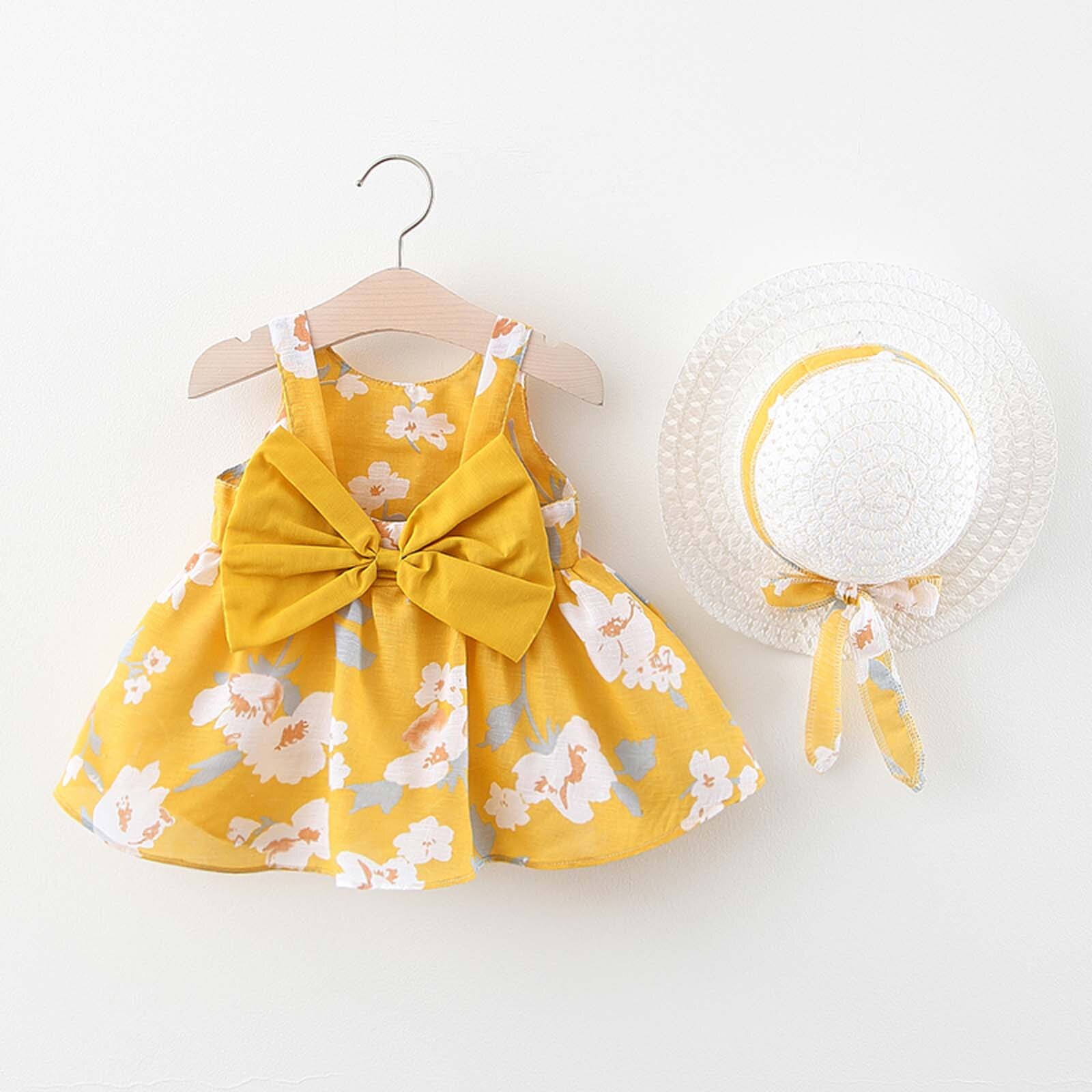 Toddler Kids Baby Girl Summer Bow Print Suspender Dress With Hat Dress for Girls Baby Girl Clothes Set Princess Dress for Girls: Yellow / 0-1 Years