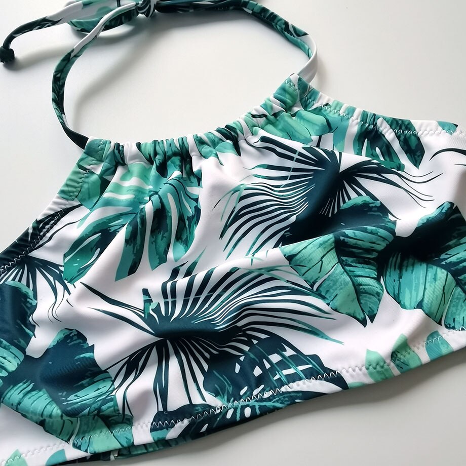 Pige badetøj badedragt børn høj hals teenage pige bikini sæt tropisk plante pige badedragt 2 stykke børns badetøj