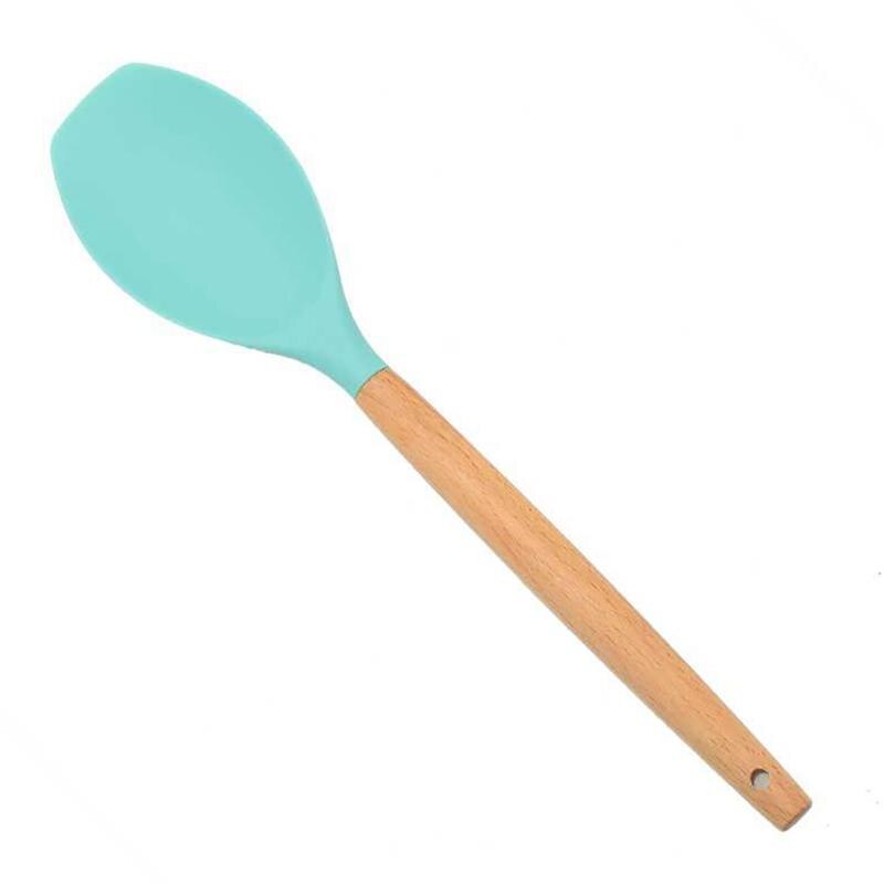Mint Green Kitchen Utensil Non-Stick Wood Handle Cooking Utensil Premium Silicone Material Baking Spatula Spoon Kitchen Supplies: 5