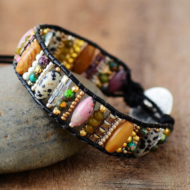 Vrouwen Boho Armbanden Gemengde Halfedelsteen Kralen Single Lederen Wrap Manchet Armbanden