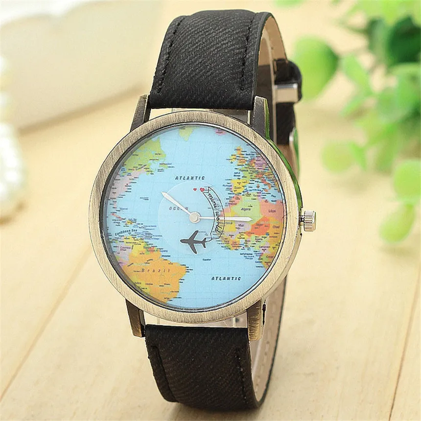 Cool Mini Wereld Mode Quartz Horloge Mannen Unisex Kaart Vliegtuig Reizen Rond De Wereld Vrouwen Lederen Jurk Horloges: Black