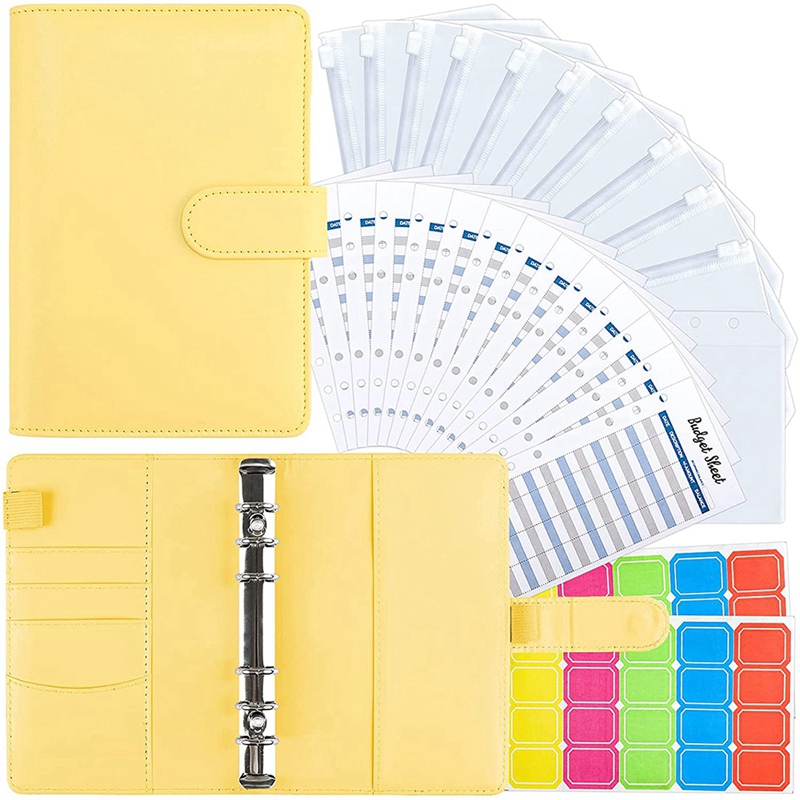 A6 PU Leather Binder Cover with Binder Pockets, Expense Budget Sheets and Labels for Budget Organizer Envelopes (Yellow): Default Title