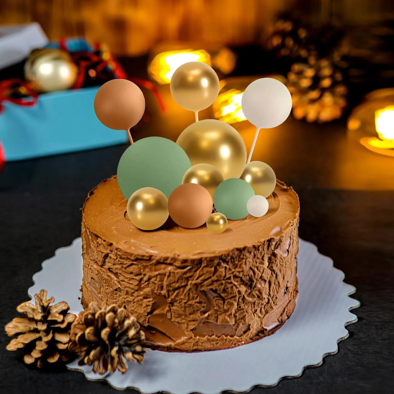 Décoration de gâteau vert sauge marron, 32 pièces, boules en mousse dorée, bricolage, décoration de gâteau pour réception pour bébé, fête d'anniversaire