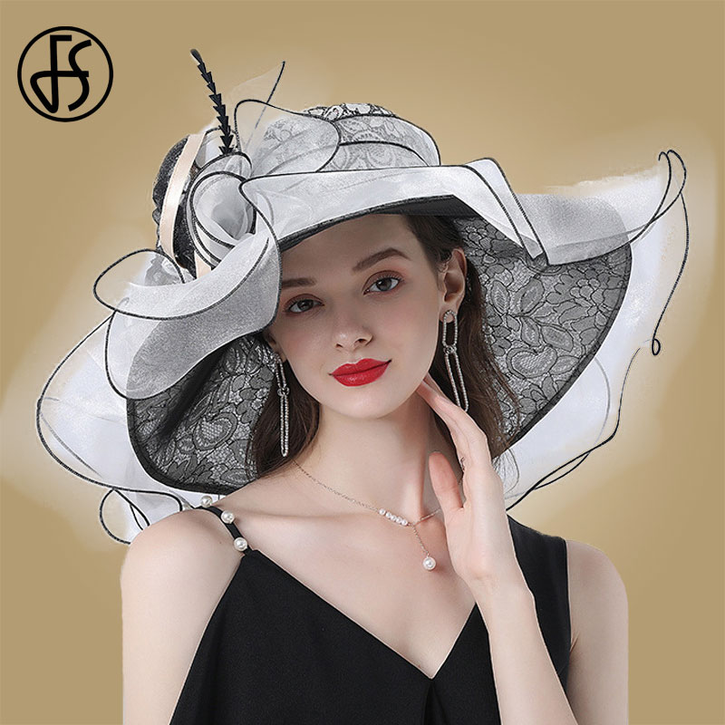 Fs brede rand store hatte til kvinder solhatte sommer hvid fedora organza fest hat bryllup damer kirke kentucky derby kjole cap