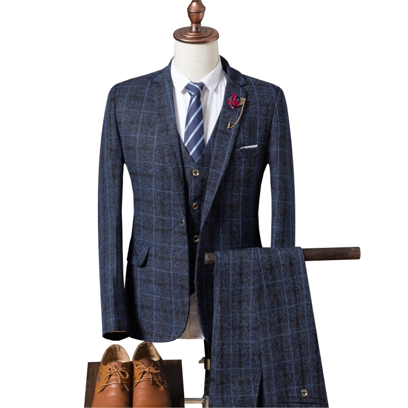 (Jacket + vest + pants) men's slim suit, high-end business plaid suit jacket, men's wedding banquet dress three-piece