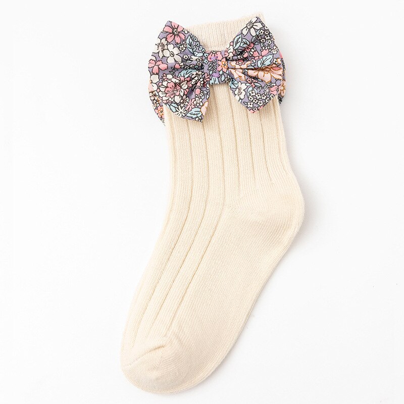 Flower Printed Kids Socks Cute Bows Spring Autumn Baby Girl Short Socks Soft Cotton Children Toddler Floor Socks: Beige