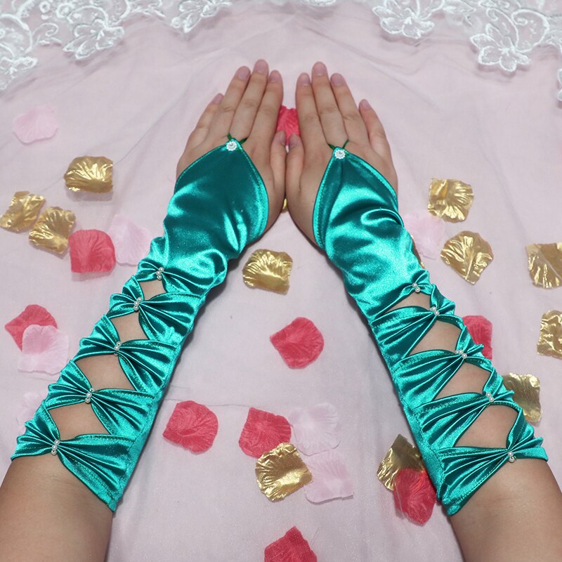 Guantes largos de satén plisados con lazo para mujer, manoplas para novia, color verde, elásticos, sin dedos, para noche, , graduación, color azul