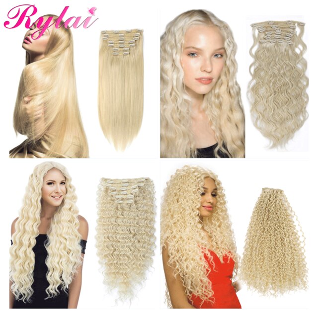 Long Kinky Curly Straight Clip In Hair Extensions Deep Natural Wave 140G 7Pcs/Lot Full Head Clip On Synthetic Hair By RYLAI: #613 / 22inchesKinky Curly